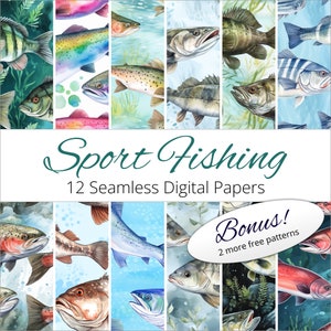 12 Seamless Sport Fishing Backgrounds Digital Paper Patterns for weddings, invitations, scrapbooking, keepsakes