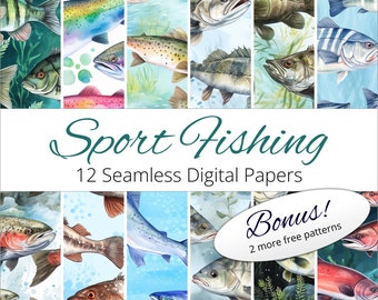 Fishing Digital Papers, Watercolor Bass & Trout Patterns (12 Seamless Designs)