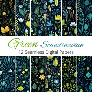 12 Seamless Green Scandinavian Botanical Backgrounds Digital Paper Patterns for scrapbooking, decor, packaging, wrapping paper