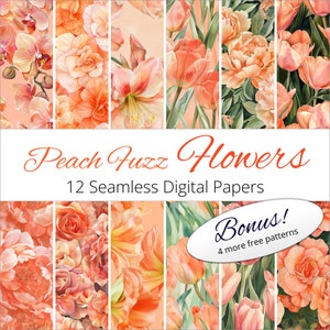 May include: Twelve digital papers featuring peach-colored flowers, including orchids, amaryllis, roses, and tulips. The papers are seamless and can be used for a variety of crafting projects. Bonus: four more free patterns are included.
