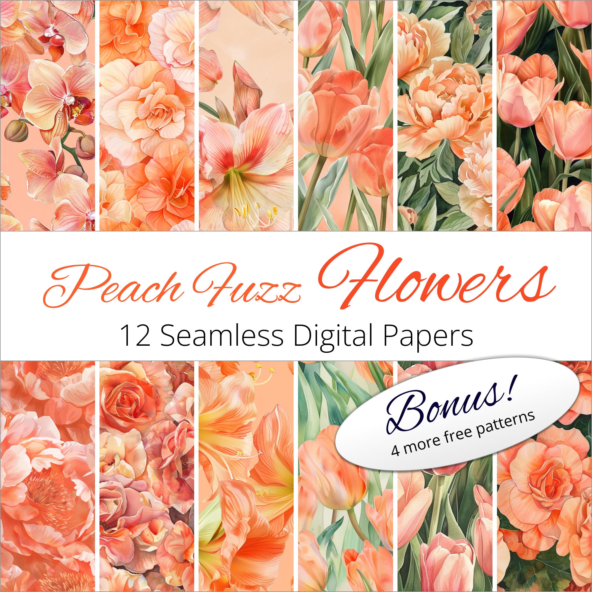 Peach Floral Digital Paper – Seamless Watercolor Flower Patterns (set ...