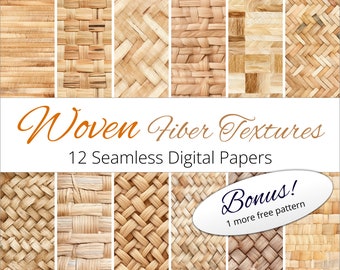 May include: Twelve seamless digital paper textures featuring woven fiber patterns in shades of brown and beige. The text "Woven Fiber Textures" and "12 Seamless Digital Papers" is displayed above the patterns. The text "Bonus! 1 more free pattern" is displayed in a white oval below the patterns.