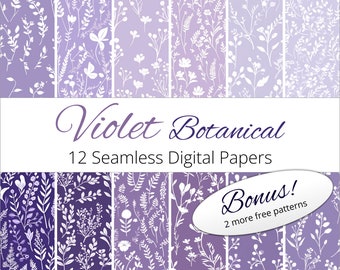 Puede incluir: Doce patrones de papel digital sin costuras que presentan ilustraciones botánicas blancas sobre un fondo degradado de tonos morados y lavanda. El texto "Violet Botanical 12 Seamless Digital Papers" se muestra en la parte superior de la imagen. Una etiqueta de bonificación con el texto "Bonus! 2 patrones gratuitos más" se muestra en la parte inferior de la imagen.