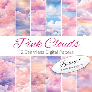 May include: A digital paper pack featuring 12 seamless patterns of pink clouds in various shades of pink, blue, and purple. The pack includes 2 bonus patterns.  "Pink Clouds 12 Seamless Digital Papers Bonus! 2 more free patterns"