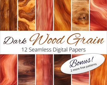 Puede incluir: Doce papeles digitales sin costuras que presentan patrones de veta de madera oscura en varios tonos de marrón, rojo y naranja. Los papeles son perfectos para proyectos de manualidades, scrapbooking y diseño digital.