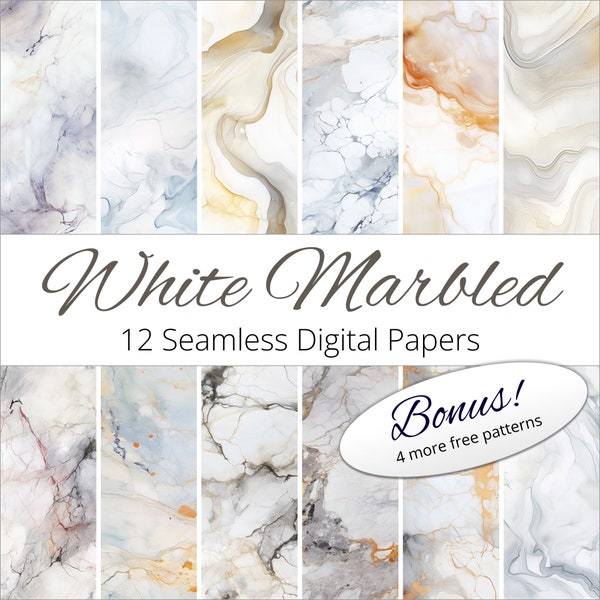 12 Seamless White Marbled Backgrounds Digital Paper Patterns for weddings, invitations, scrapbooking, keepsakes