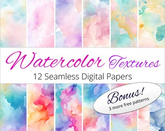 Pode incluir: Doze papéis digitais sem costura com texturas de aquarela em uma variedade de cores pastel, incluindo rosa, azul, roxo e amarelo. Os papéis são perfeitos para criar fundos, scrapbooking e outros projetos de artesanato. Bônus: 3 padrões gratuitos adicionais incluídos.