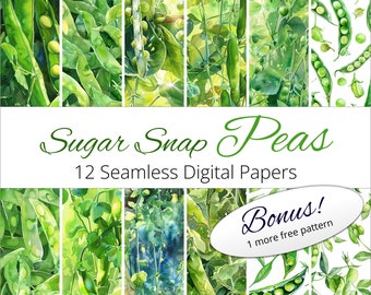 Sugar Snap Peas: Watercolor Paper Pack - 12 Seamless Digital Patterns