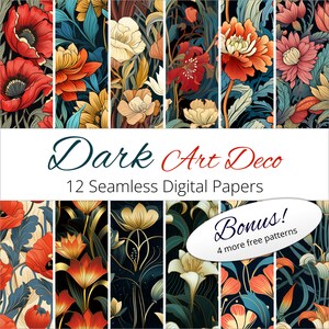 12 Seamless Dark Art Deco Floral Digital Paper Patterns for weddings, invitations, scrapbooking, keepsakes