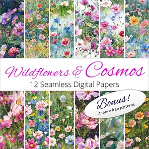 May include: A digital paper pack featuring 12 seamless patterns of watercolour wildflowers and cosmos in shades of pink, blue, yellow, and green. The pack includes a bonus of 4 more free patterns.