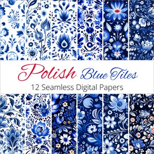 Pode incluir: Doze designs de papel digital com padrões de arte popular polonesa em azul e branco. Os padrões são inspirados nos azulejos tradicionais azuis e brancos. O texto "Polish Blue Tiles" e "12 Seamless Digital Papers" é exibido em um fundo branco.
