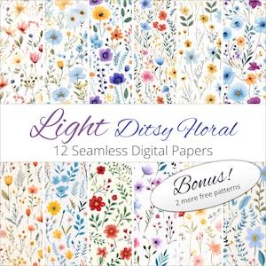 May include: Twelve seamless digital papers featuring a light, ditsy floral pattern in shades of blue, pink, yellow, red, and purple. The papers are perfect for scrapbooking, card making, and other crafting projects. Bonus: Two more free patterns included.