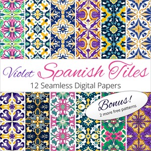 12 Seamless Violet Spanish Tile Backgrounds Digital Paper Patterns for scrapbooking, decor, packaging, art prints
