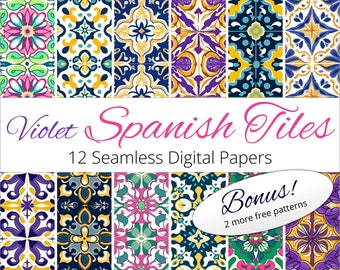 12 Seamless Violet Spanish Tile Backgrounds Digital Paper Patterns for scrapbooking, decor, packaging, art prints