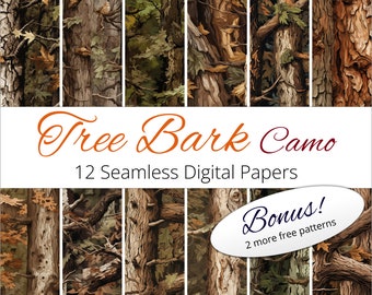 Könnte beinhalten: Zwölf nahtlose digitale Papiere mit einem Baumrinden-Camouflage-Muster in Braun-, Grün- und Beigetönen. Der Text "Tree Bark Camo" und "12 Seamless Digital Papers" ist in Orange dargestellt. Ein weißes Oval mit dem Text "Bonus! 2 weitere kostenlose Muster" befindet sich in der unteren rechten Ecke.