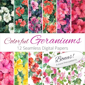 May include: Twelve digital papers featuring watercolor illustrations of colorful geraniums. The papers are seamless and can be used for crafting, scrapbooking, and other creative projects. Bonus: four more free patterns included.
