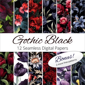 12 Seamless Gothic Black Flowers Digital Paper Patterns for weddings, invitations, scrapbooking, keepsakes