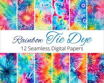 May include: Twelve seamless digital papers featuring a rainbow tie-dye pattern. The papers are perfect for crafting, scrapbooking, and other creative projects.