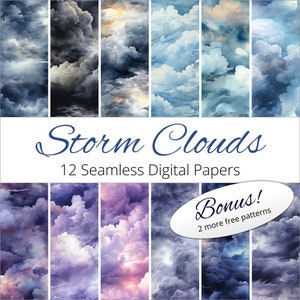 May include: Twelve seamless digital papers featuring stormy clouds in various shades of blue, gray, and purple. The papers are perfect for scrapbooking, card making, and other craft projects. Bonus: two more free patterns included.