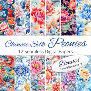 12 Seamless Chinese Silk Peonies Digital Paper Patterns for scrapbooking, decor, wrapping paper, origami
