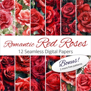 12 Seamless Romantic Red Roses Digital Paper Patterns for weddings, invitations, scrapbooking, keepsakes