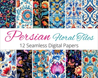 May include: A collection of 12 seamless digital papers featuring Persian floral tile designs. The patterns showcase intricate floral motifs in various color palettes, including blue, red, orange, and black. The text "Persian Floral Tiles" is displayed across the image.