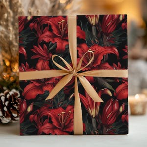 Bold Gothic Wrapping Paper 28x39&quot; Roll Dark Fantasy Red Lily Gift Wrap Birthday Holiday Christmas Wrapping Paper Goth Gift Victorian Floral