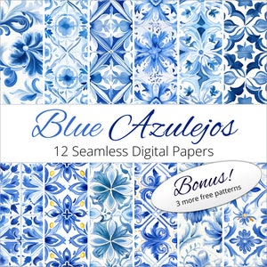 May include: Twelve seamless digital papers featuring blue and white azulejo tile patterns. The papers are perfect for crafting, scrapbooking, and digital design projects.  Bonus: 3 more free patterns included.