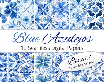 Pakiet papieru cyfrowego Blue Azulejo Tile (12 bezszwowych wzorów portugalskich)