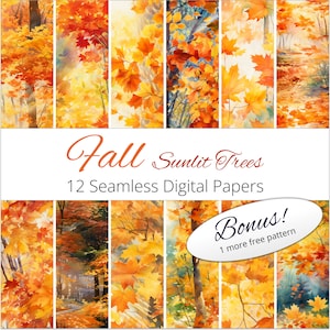 Fall Watercolor Sunlit Trees Seamless Patterns for Invitations, Crafts, Scrapbooking, Fall Decor - Fall Leaves, Bold Orange, Halloween