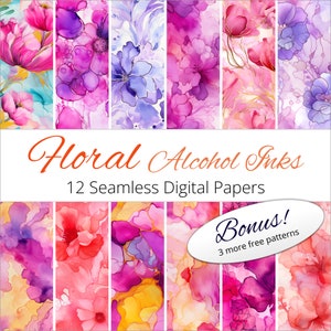 May include: Twelve seamless digital papers featuring abstract floral designs in shades of pink, purple, and yellow. The papers are created using alcohol inks and have a watercolor effect. The text "Floral Alcohol Inks" and "12 Seamless Digital Papers" is displayed on the image. A bonus of three more free patterns is also included.