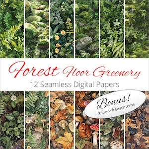 May include: Twelve digital paper designs featuring forest floor greenery, including ferns, mushrooms, leaves, and pine cones. The papers are seamless and can be used for crafting, scrapbooking, and other creative projects. Bonus: 3 more free patterns.