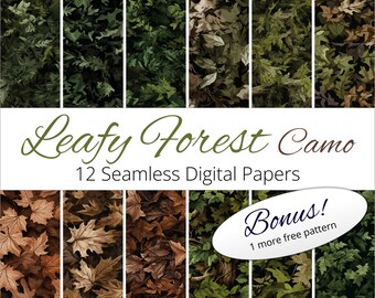 Könnte beinhalten: Zwölf nahtlose digitale Papiere mit Blattwaldblatt-Tarnmustern in Grün- und Brauntönen. Die Muster eignen sich perfekt für Bastel-, Scrapbooking- und digitale Designprojekte. Bonus: Ein weiteres kostenloses Muster inklusive.
