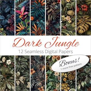 12 Seamless Dark Jungle Print Backgrounds Digital Paper Patterns for wallpaper, wrapping paper, crafts, invitations, journals, decor, art
