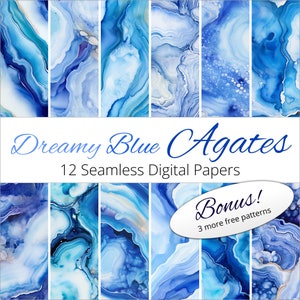 May include: Twelve seamless digital papers featuring dreamy blue agate patterns. The papers are perfect for crafting, scrapbooking, and digital design projects. Bonus: 3 more free patterns included.