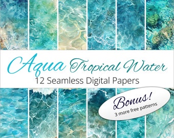 12 nahtlose aqua tropische Wasser Hintergründe Digitale Papiermuster für Wohnkultur, Kunsthandwerk, Einladungen, Scrapbooking, Andenken, Origami