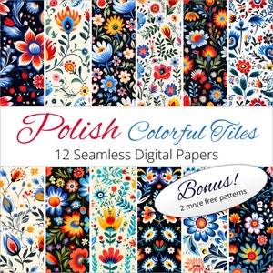 Könnte beinhalten: Zwölf digitale Papierdesigns mit farbenfrohen floralen Mustern der polnischen Volkskunst. Die Muster sind nahtlos und können für Basteln, Scrapbooking und andere kreative Projekte verwendet werden. Der Text "Polish Colorful Tiles" und "12 Seamless Digital Papers" ist auf dem Bild zu sehen. Ein Bonus von zwei weiteren kostenlosen Mustern ist ebenfalls enthalten.