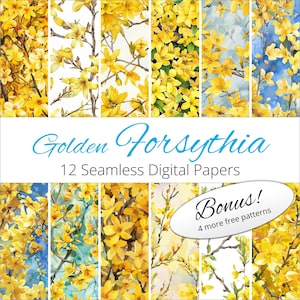 Könnte beinhalten: Zwölf digitale Papiere mit einem nahtlosen Muster aus gelben Forsythienblüten. Die Papiere sind perfekt für Bastelarbeiten, Scrapbooking und digitale Designprojekte. Bonus: Vier weitere kostenlose Muster inklusive.