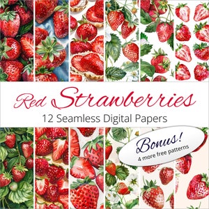 12 sfondi di fragole rosse senza soluzione di continuità, modelli di carta digitale per artigianato, diari di scarto, inviti, scrapbooking, decorazioni, imballaggi, arte