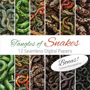 May include: A digital paper pack featuring 12 seamless patterns of tangled snakes in various colours and textures. The pack includes a bonus of 3 more free patterns.
