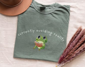 Funny Frog T-Shirt Comfort Colors for Book Lover Tee Shirts Tees, Shirt, Cottagecore Bookish Frog Meme, Silly Anti Social Reader Gift
