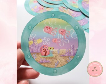 Spongebob themed underwater window vinyl sticker of pastel rainbow gary snail and jellyfish, bikini bottom inspired scenery, matte sticker