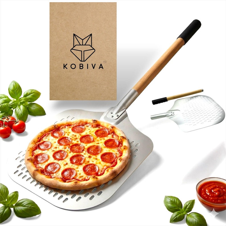 Professional Aluminum Pizza Peel with Ergonomic Rubber Grip Handle, Detachable Beechwood, Non-Stick Large 14"x12" Paddle for Home & Wood 35”