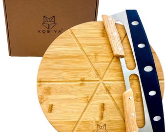 May include: A round bamboo pizza cutting board with a built-in pizza cutter. The board is divided into six slices and has the word "KOBIVA" printed on it. The pizza cutter has a black handle and a stainless steel blade.