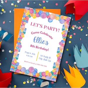 Editable Colorful Birthday Invitation | Girl Birthday Party Invite | Colorful Confetti Invitation | Instant Download Template
