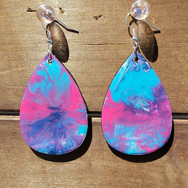 Paint Pour Earrings - Lightweight Hand Painted Wooden Resin Coated Wearable Art