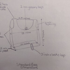 May include: A hand-drawn diagram showing the dimensions of a standard bag. The bag is 19 inches wide, 17 inches tall, and 14 inches deep. It has a 4.5 inch box pleat, a 2 inch handle width, a 2 inch grocery loop, a 6 inch opening, and a 3 inch elastic loop.
