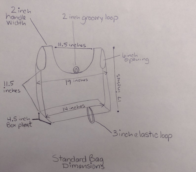 May include: A hand-drawn diagram showing the dimensions of a standard bag. The bag is 19 inches wide, 17 inches tall, and 14 inches deep. It has a 4.5 inch box pleat, a 2 inch handle width, a 2 inch grocery loop, a 6 inch opening, and a 3 inch elastic loop.
