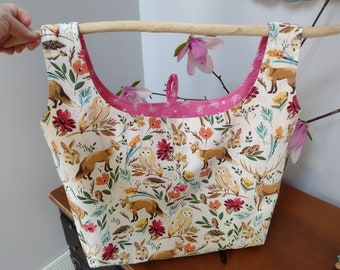 Woodland whimsy cotton canvas-Reusable, eco-friendly, grocery bag, tote, washable, cotton, canvas, lunch bag, library bag
