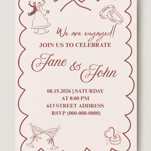 Puede incluir: Una tarjeta de invitación de compromiso rectangular con un borde festoneado en tinta roja oscura sobre un fondo rosa claro. Presenta ilustraciones de una pareja en un pastel, dos anillos y copas de champán. El texto incluye "We are engaged!", "Jane & John", fecha, hora, dirección y RSVP.